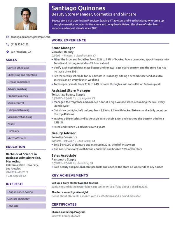 Beauty Store Manager resume example