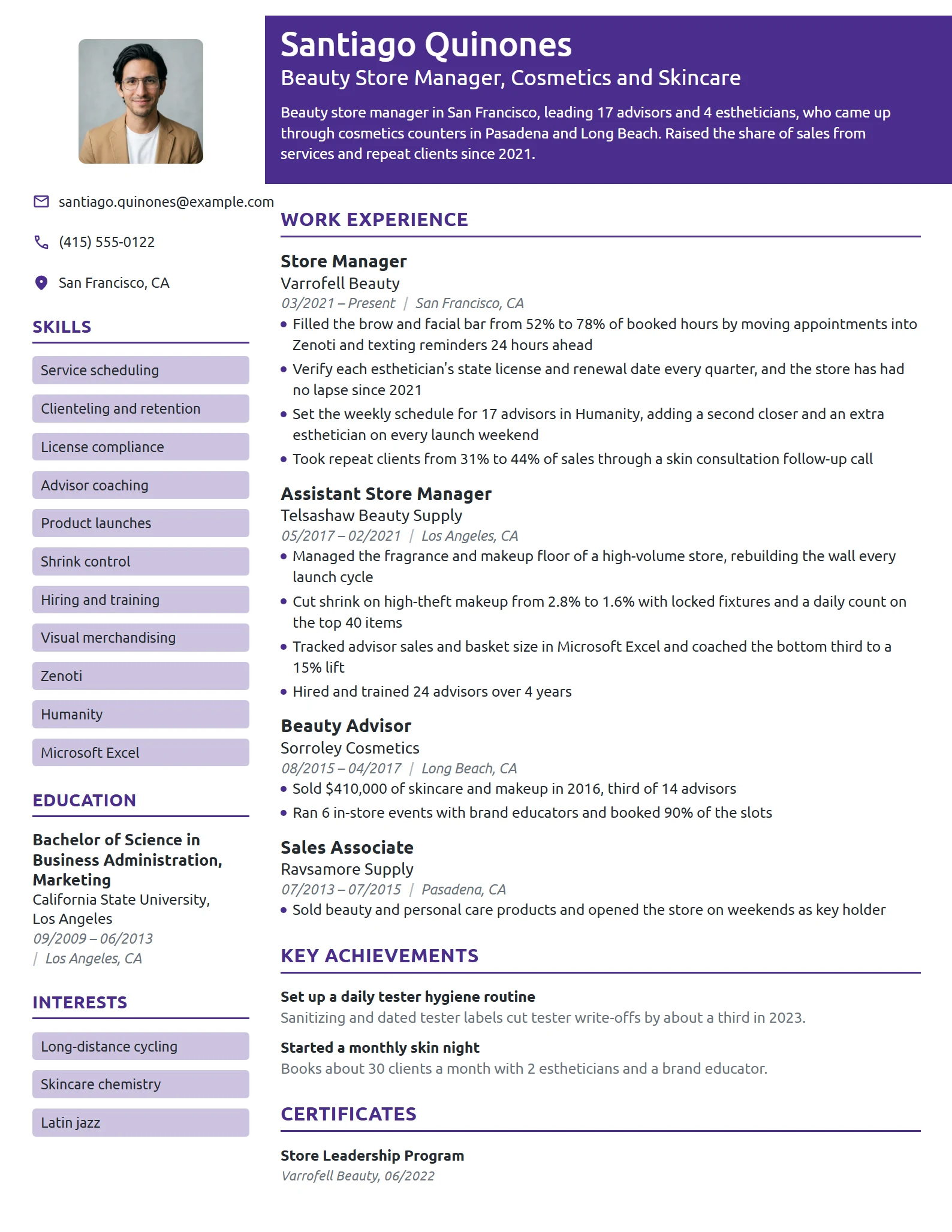 Beauty Store Manager resume example