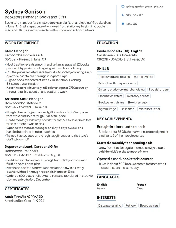 Bookstore Manager resume example