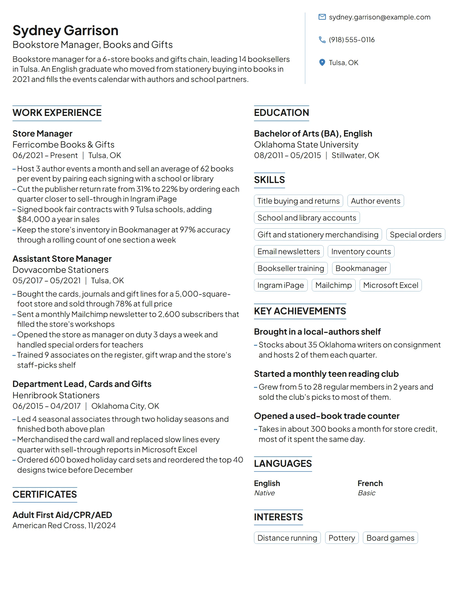 Bookstore Manager resume example