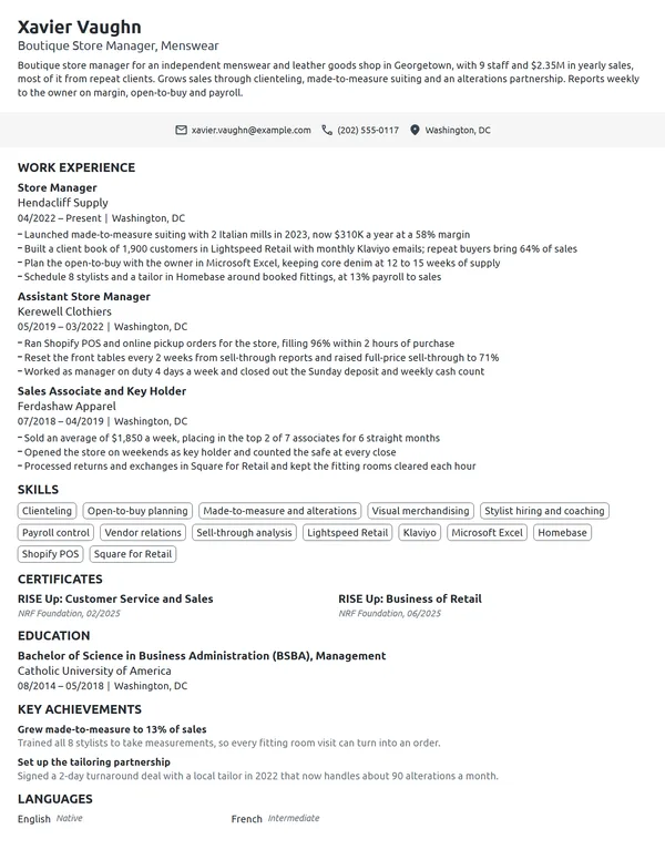 Boutique Store Manager resume example