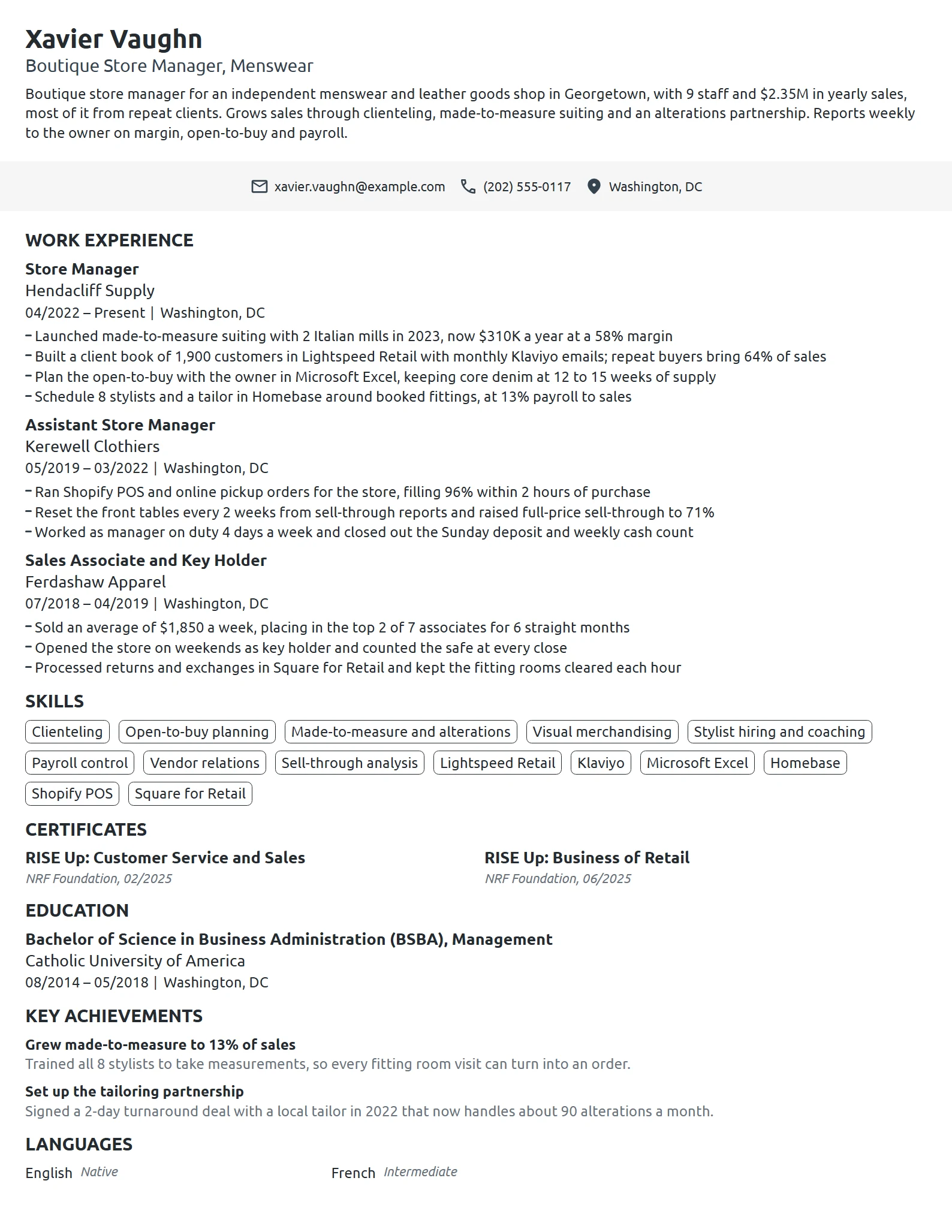 Boutique Store Manager resume example