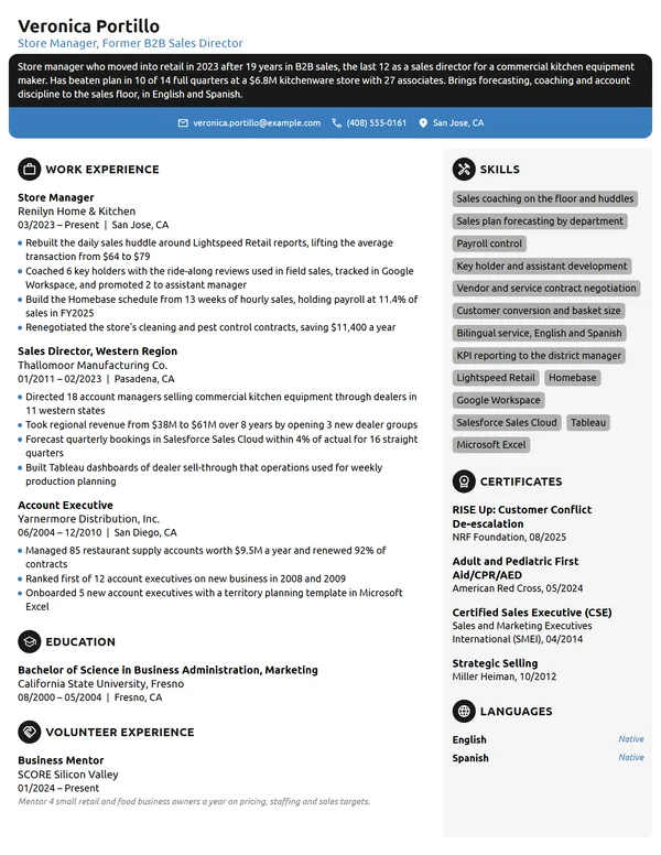 Career Change Store Manager resume example
