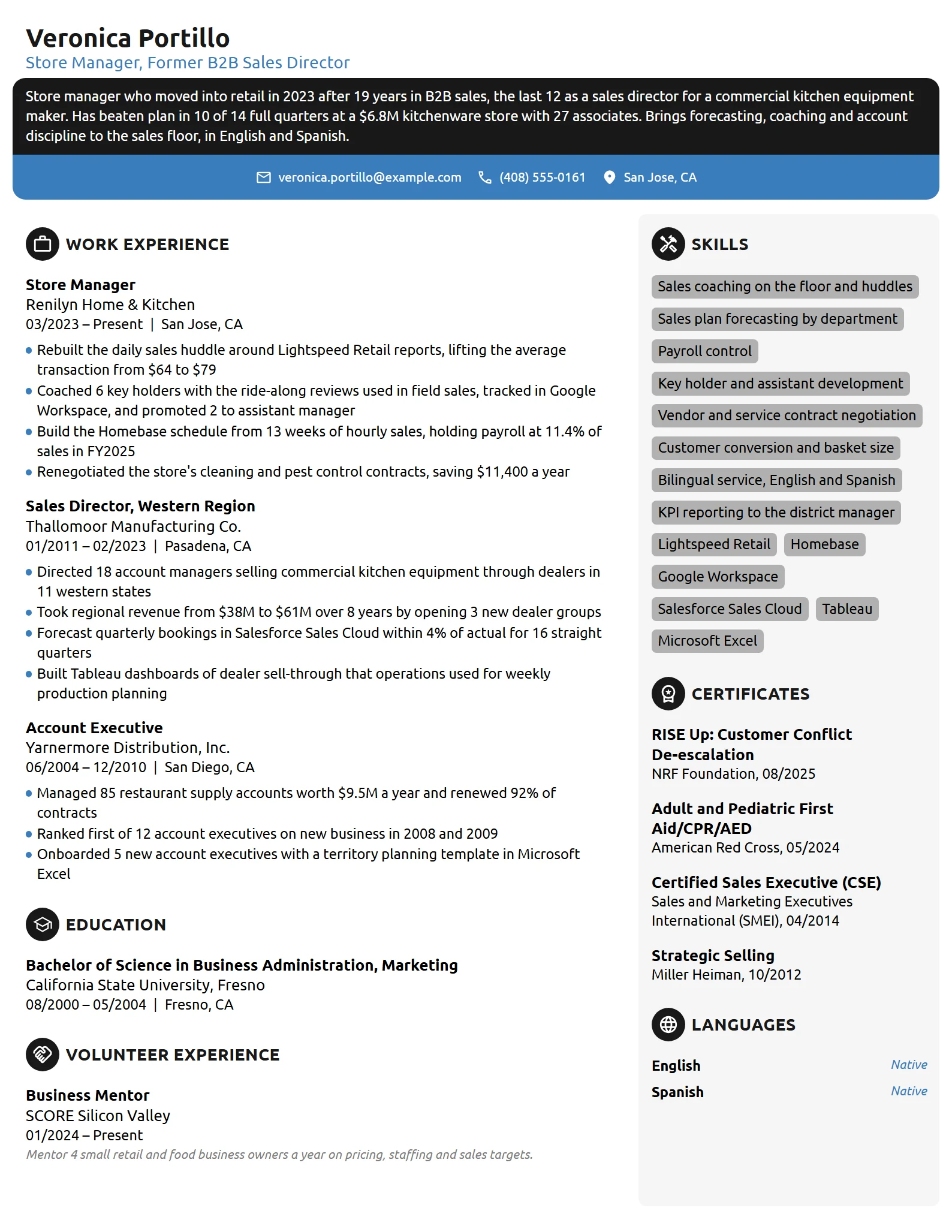 Career Change Store Manager resume example