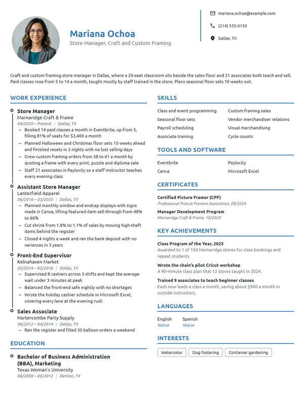 Craft Store Manager resume example