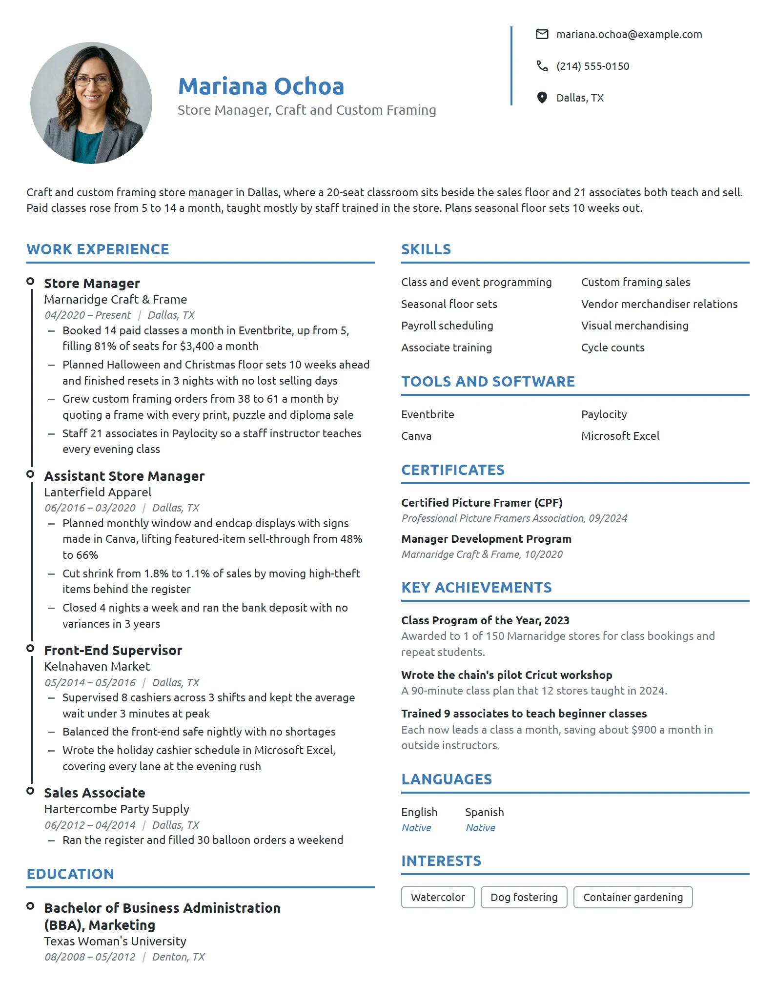 Craft Store Manager resume example