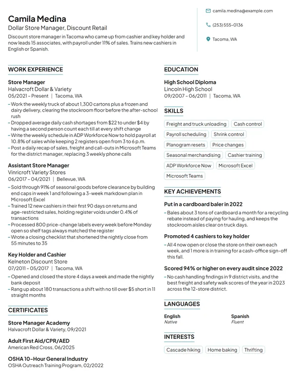 Dollar Store Manager resume example