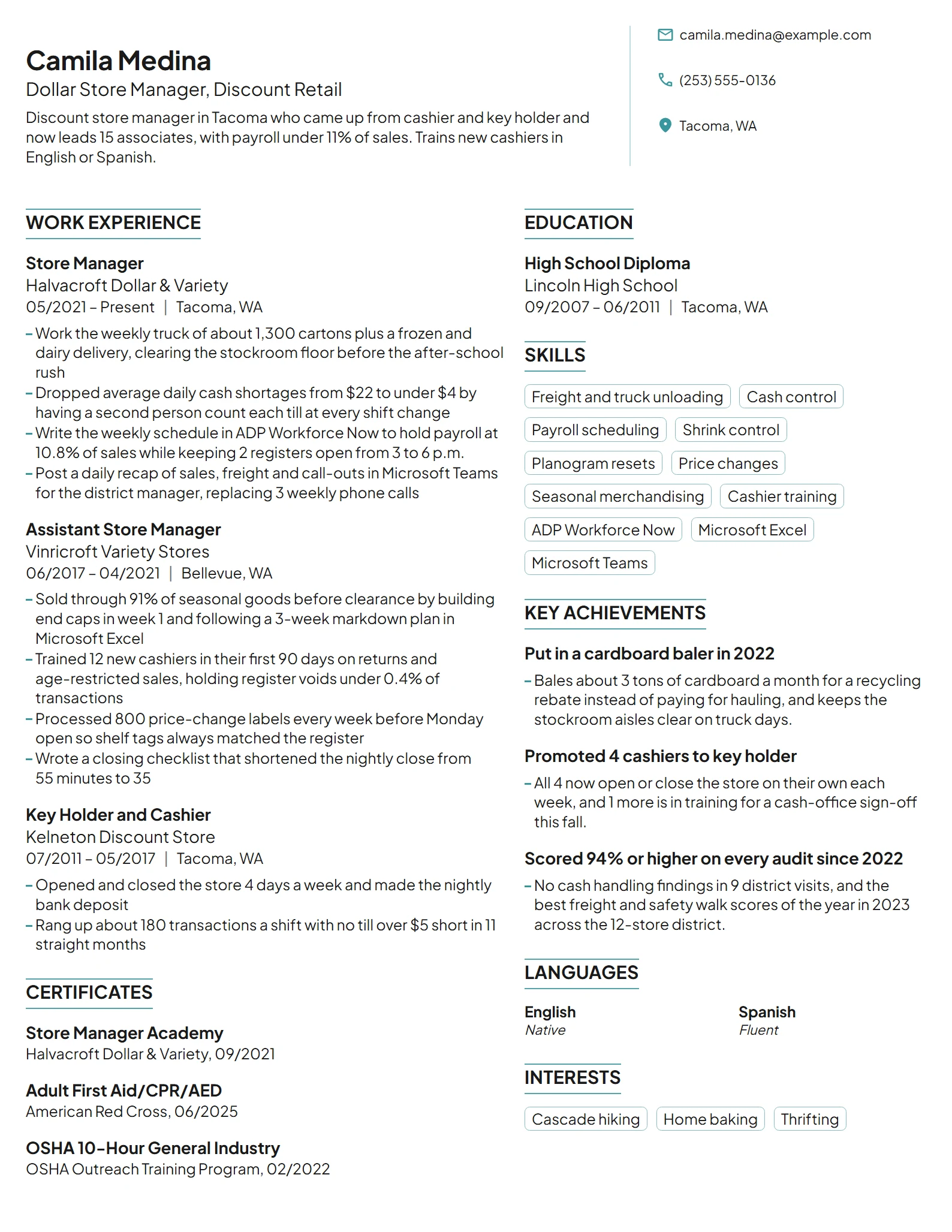 Dollar Store Manager resume example
