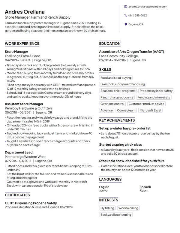Farm Supply Store Manager resume example