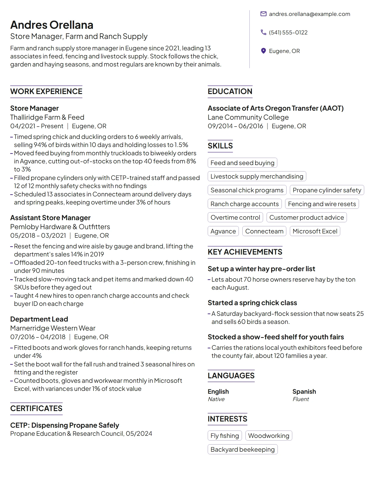 Farm Supply Store Manager resume example