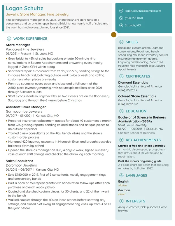 Jewelry Store Manager resume example
