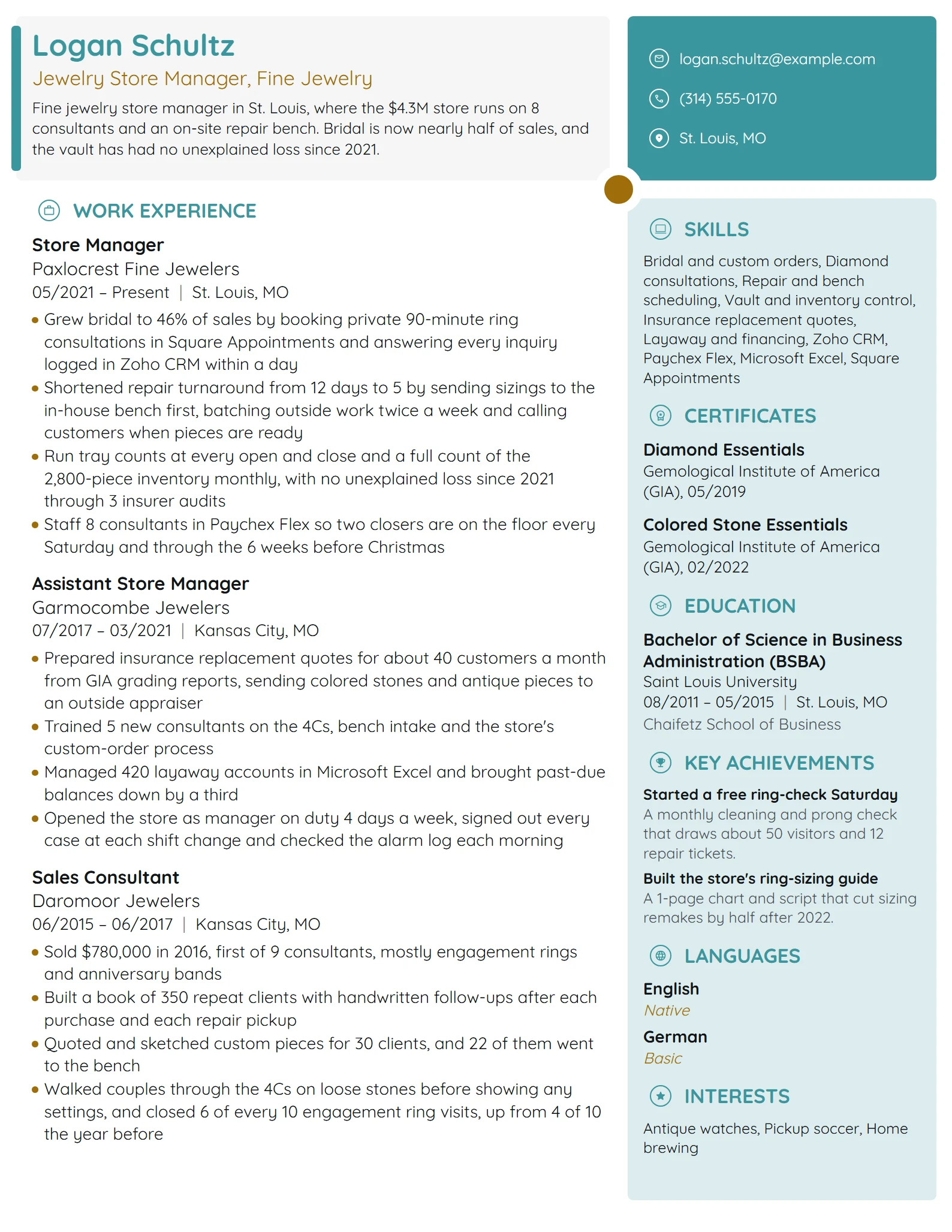 Jewelry Store Manager resume example