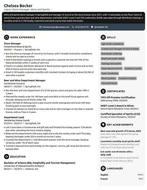 Liquor Store Manager resume example