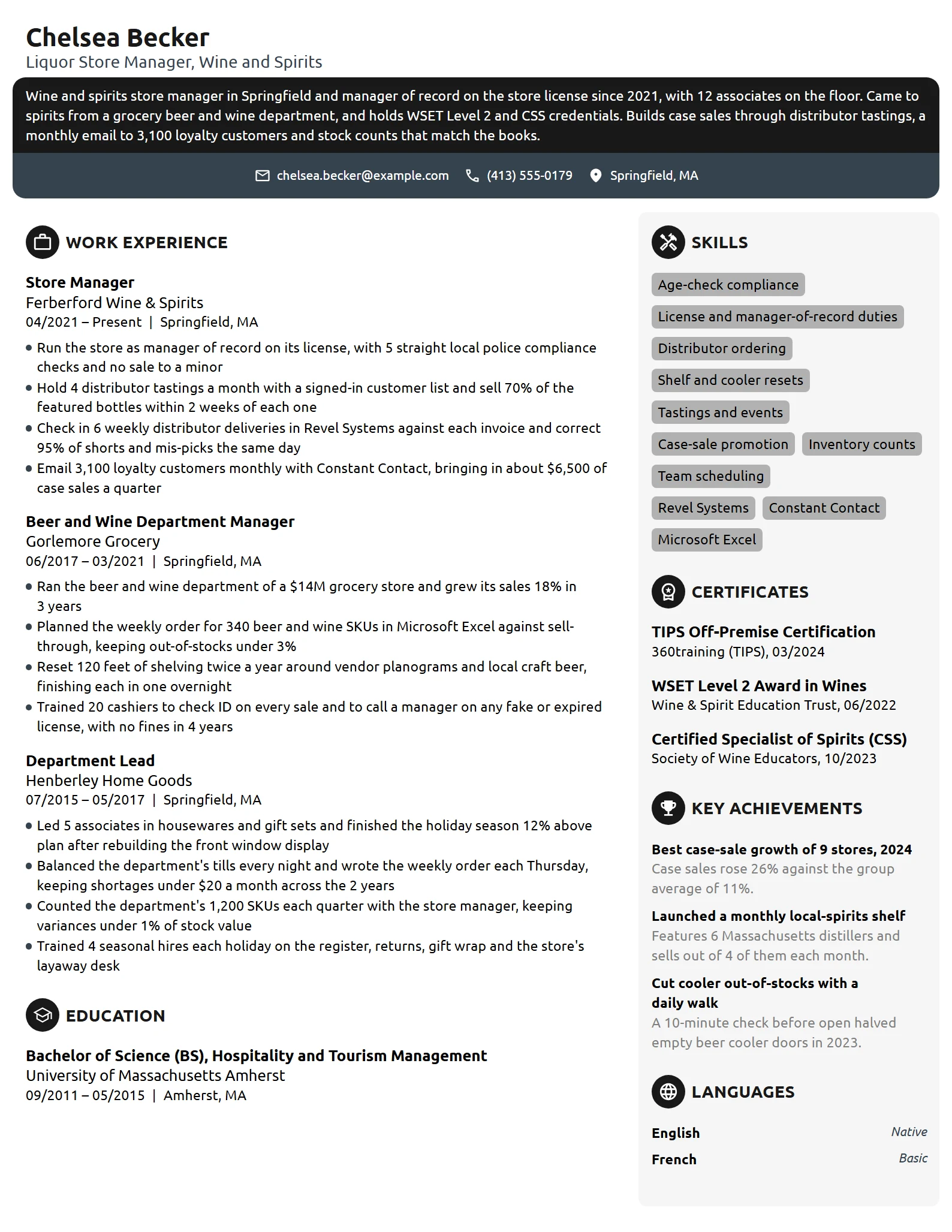Liquor Store Manager resume example