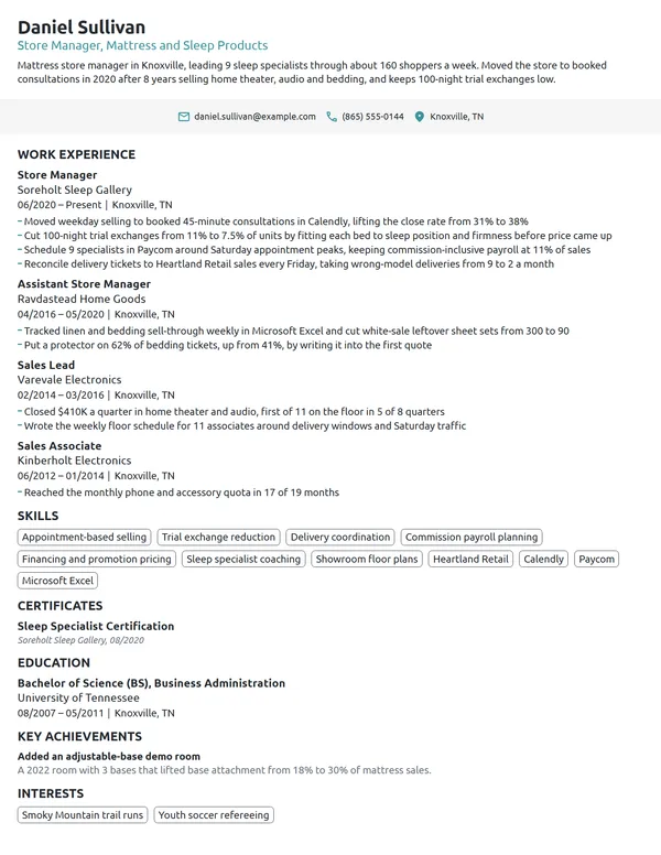 Mattress Store Manager resume example