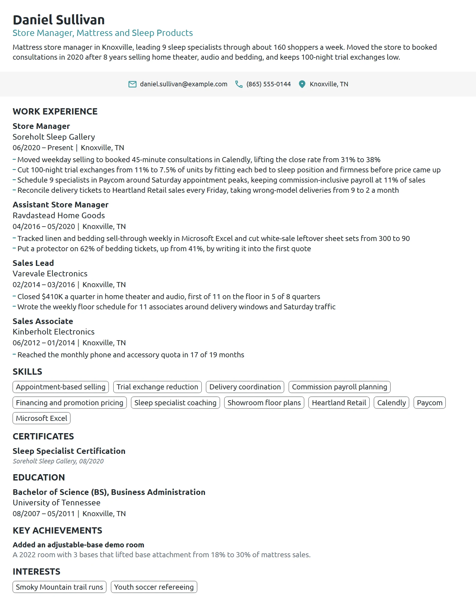 Mattress Store Manager resume example