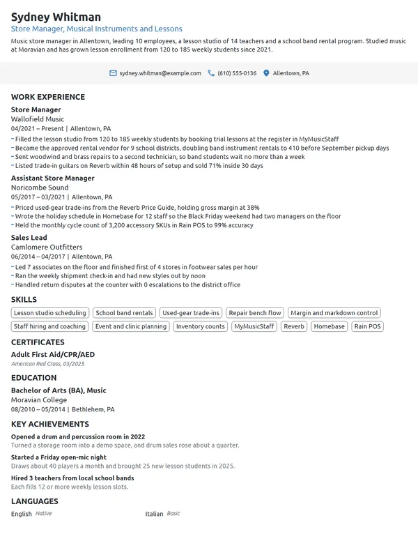 Music Store Manager resume example