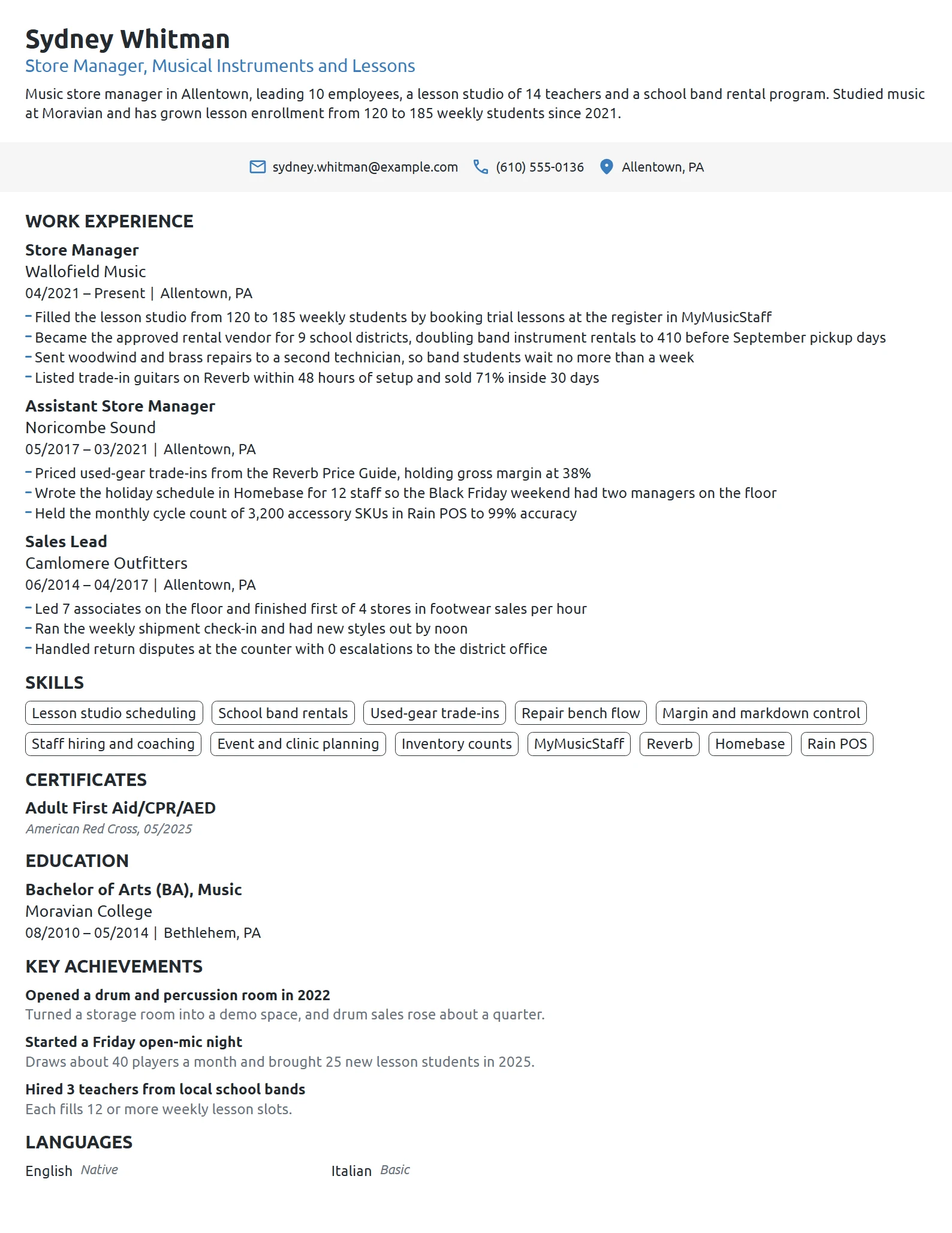 Music Store Manager resume example
