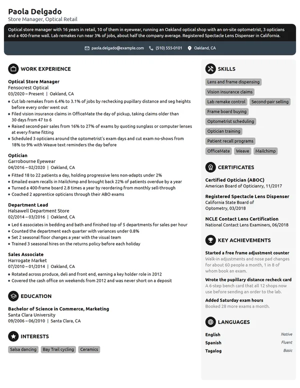 Optical Store Manager resume example