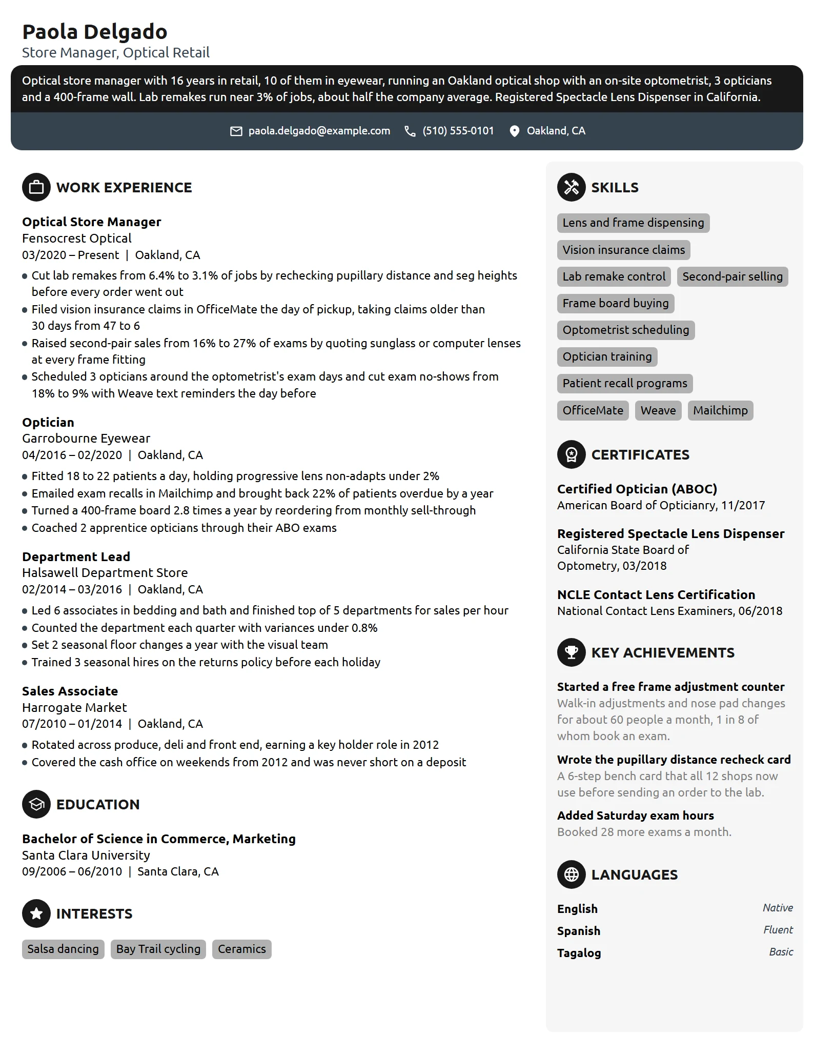 Optical Store Manager resume example