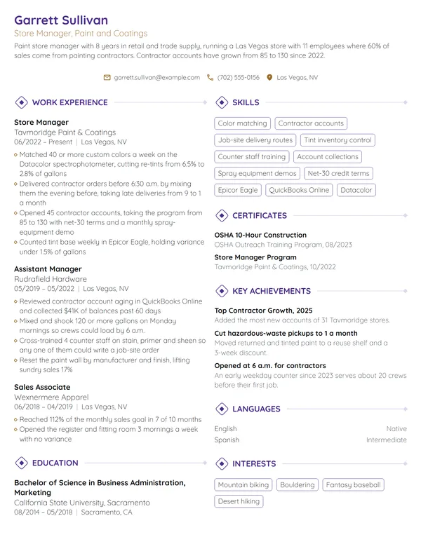 Paint Store Manager resume example