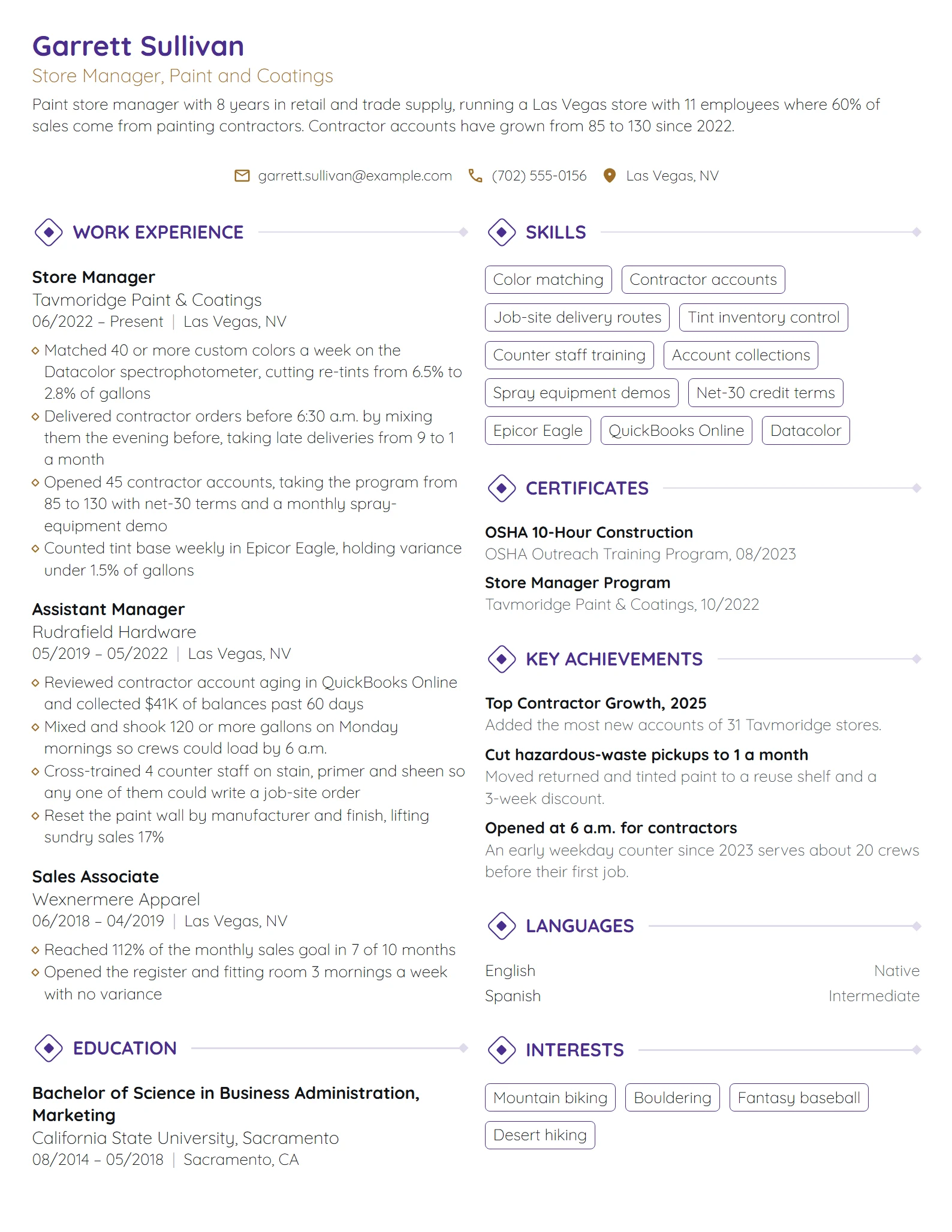Paint Store Manager resume example