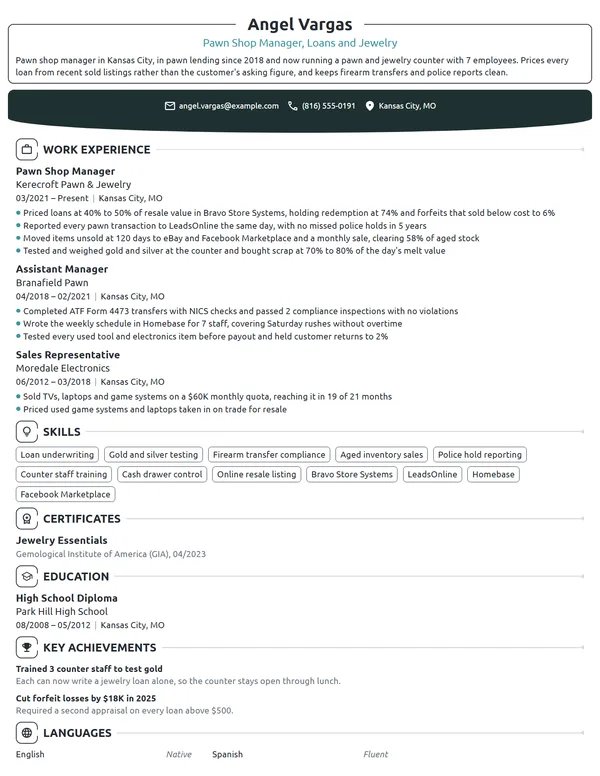 Pawn Shop Manager resume example