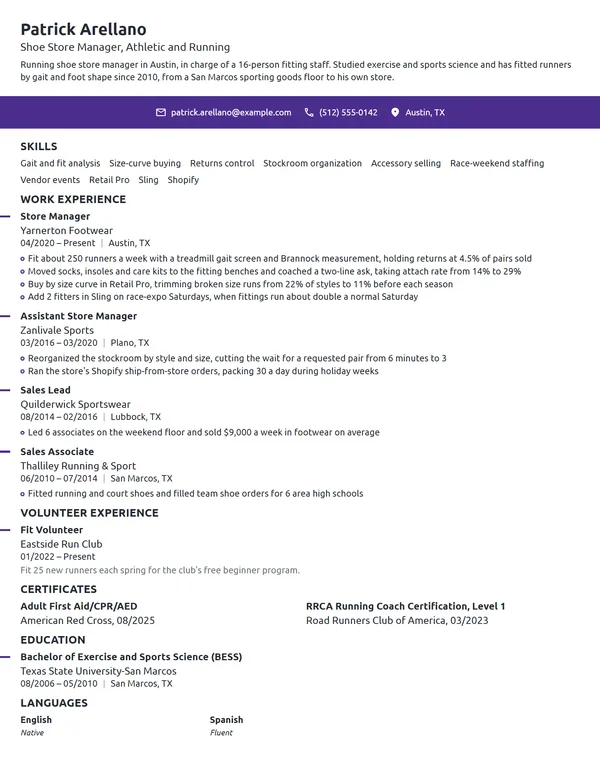 Shoe Store Manager resume example