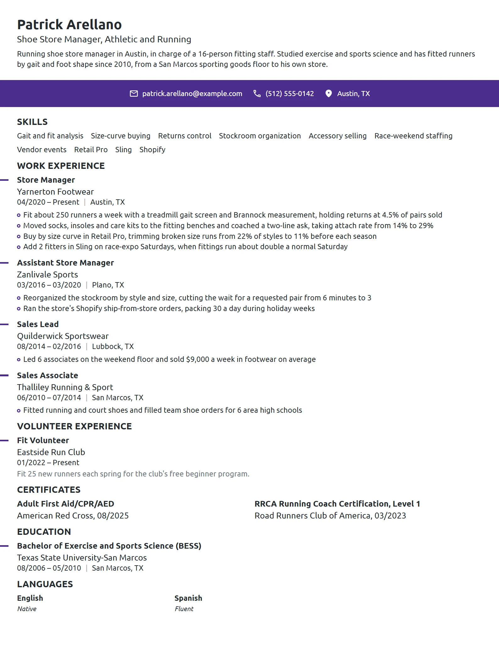 Shoe Store Manager resume example