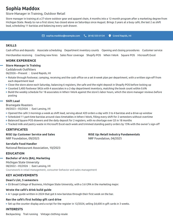 Store Manager in Training resume example