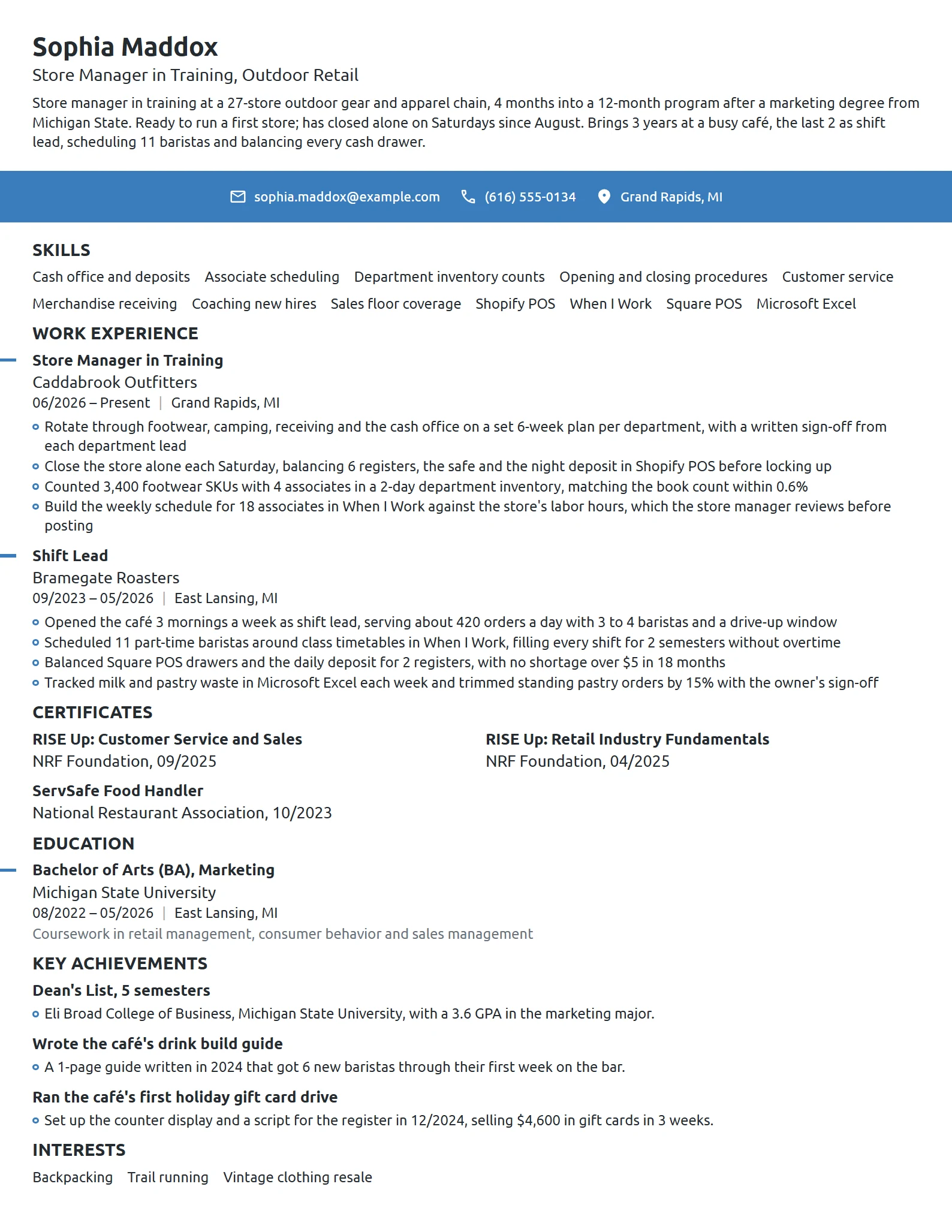 Store Manager in Training resume example