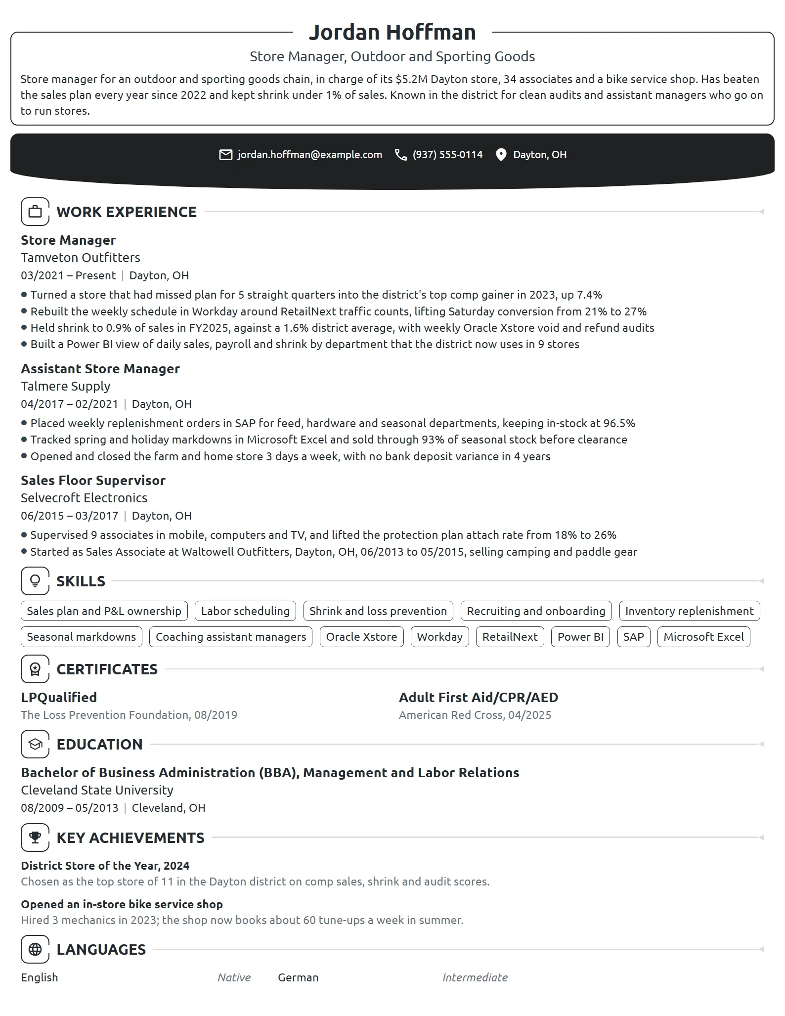 Store Manager resume example