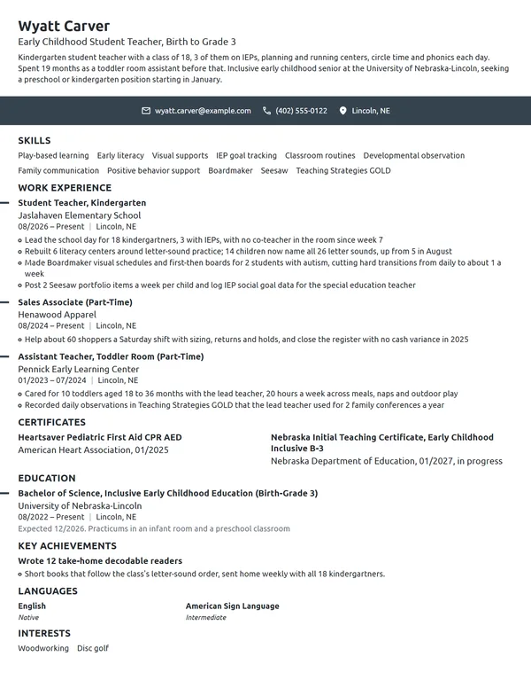 Early Childhood Student Teacher resume example