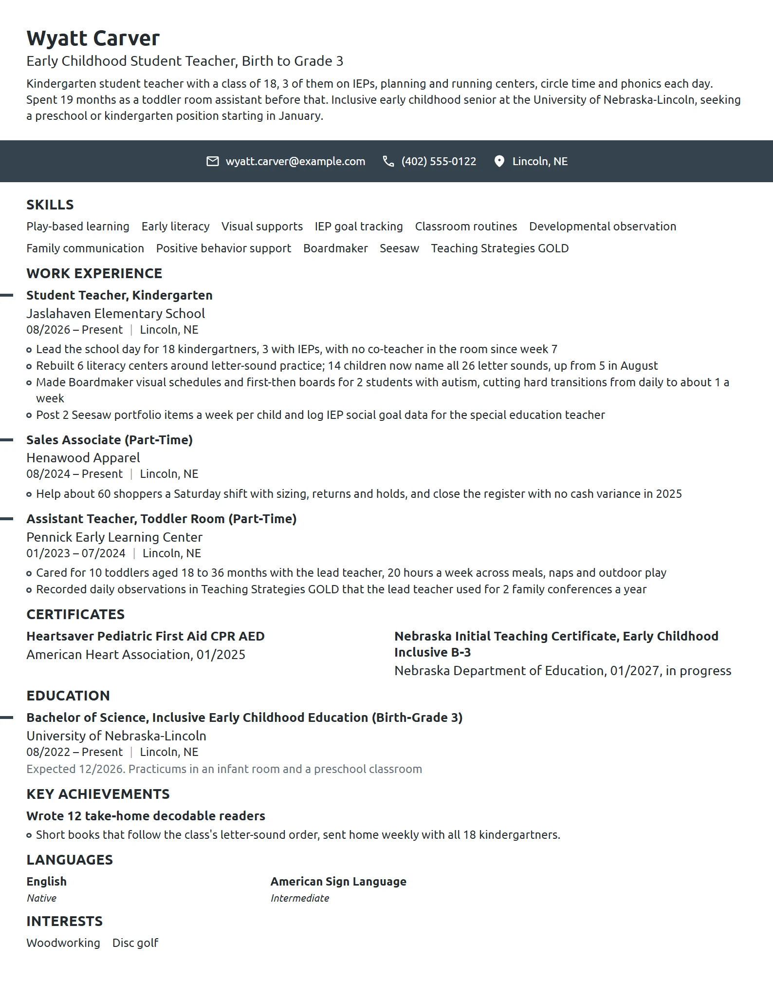 Early Childhood Student Teacher resume example