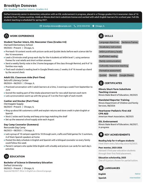 ESL Student Teacher resume example