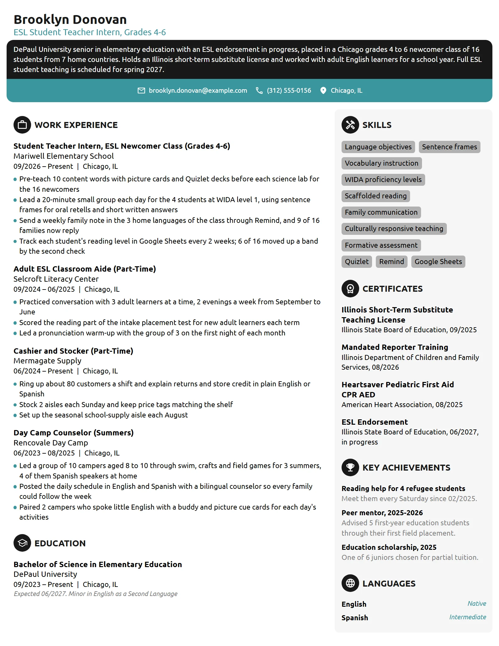 ESL Student Teacher resume example