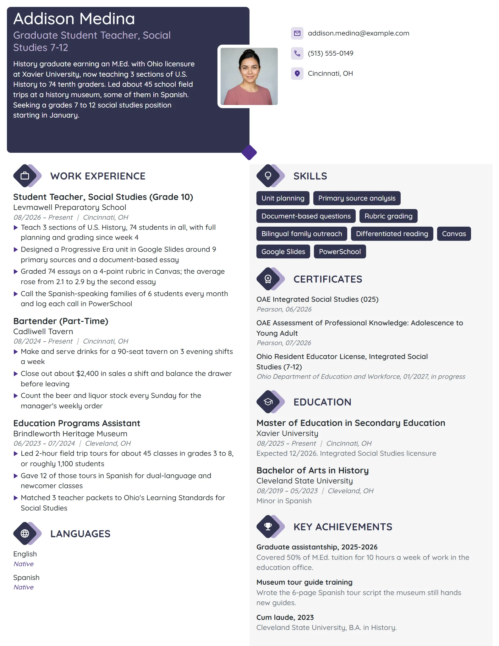 Graduate Student Teacher resume example