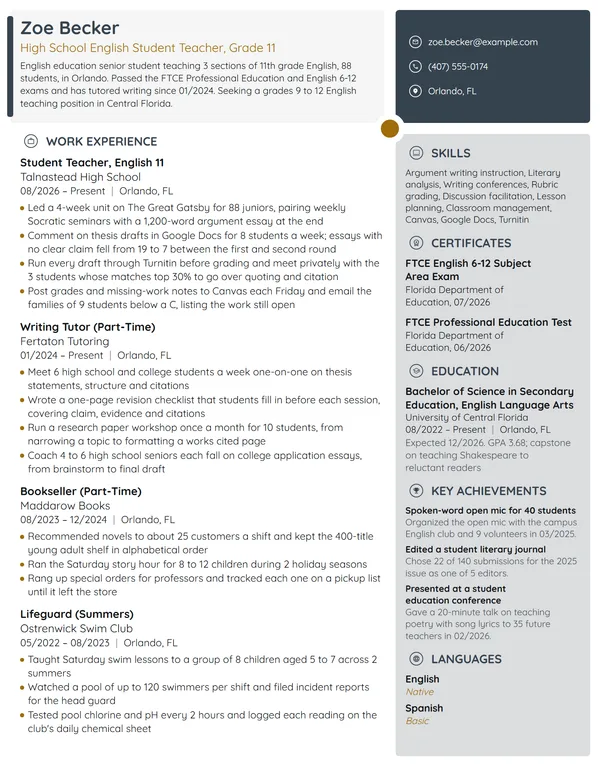 High School Student Teacher resume example