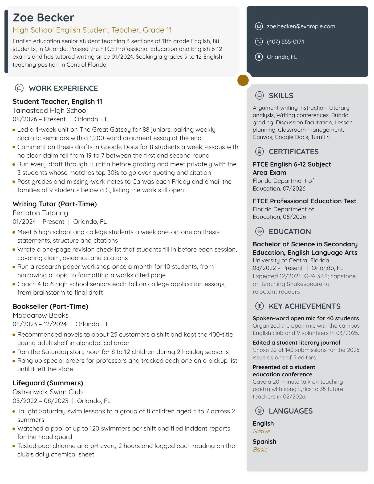 High School Student Teacher resume example