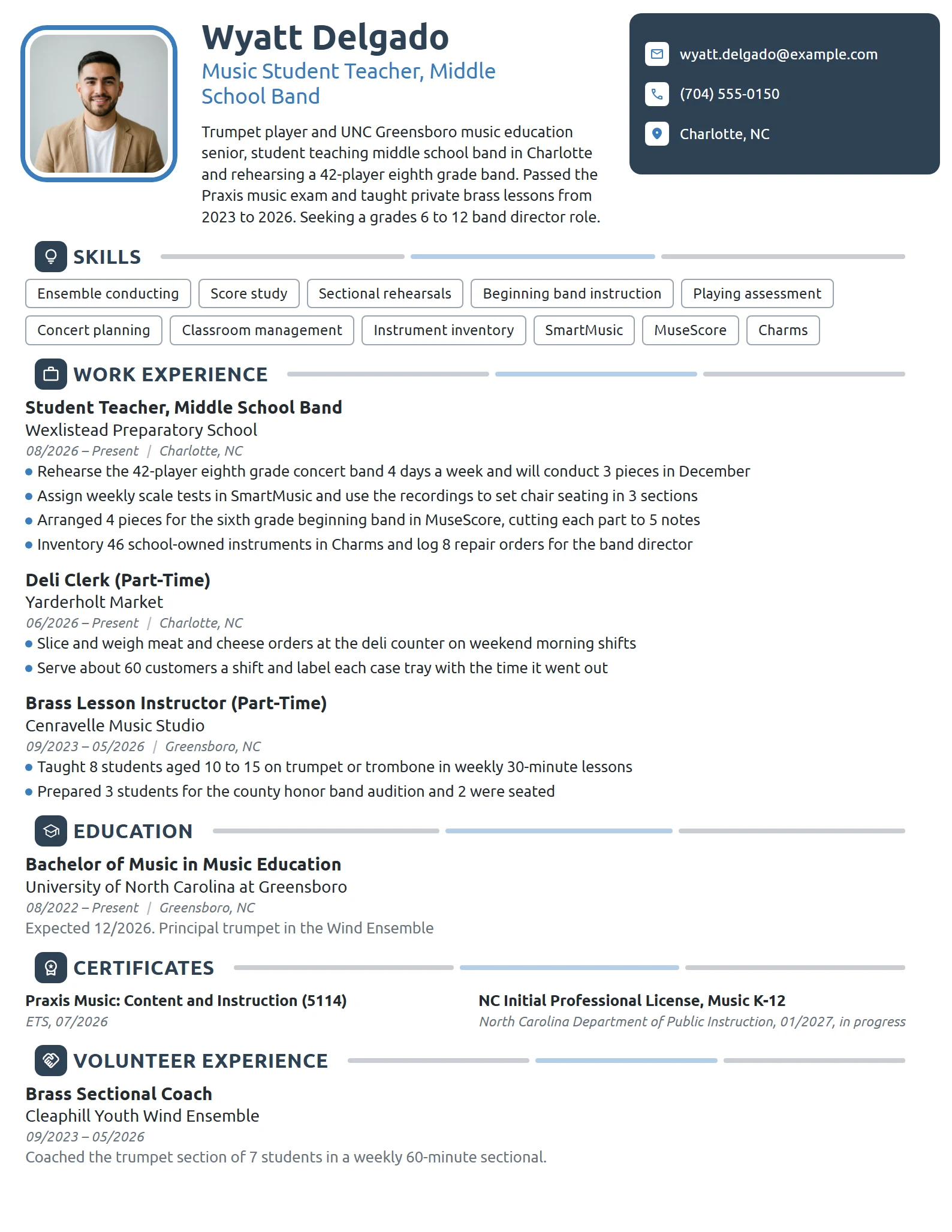 Music Student Teacher resume example