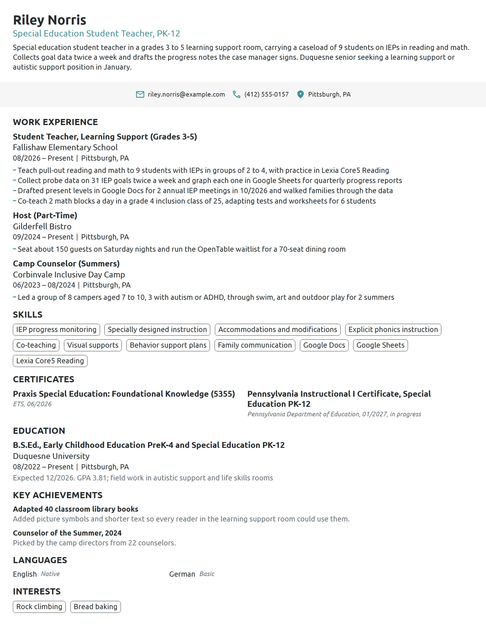 Special Education Student Teacher resume example
