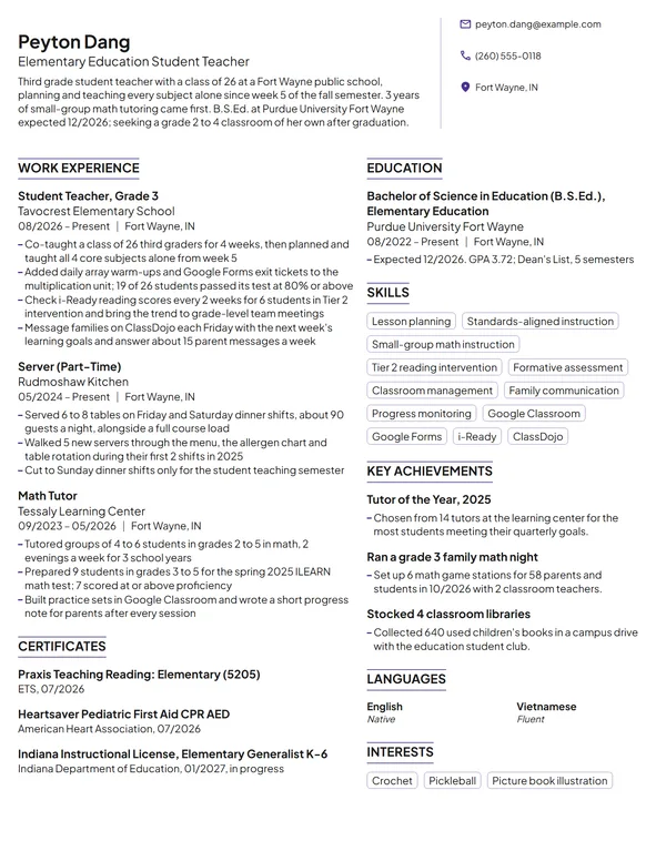 Student Teacher resume example