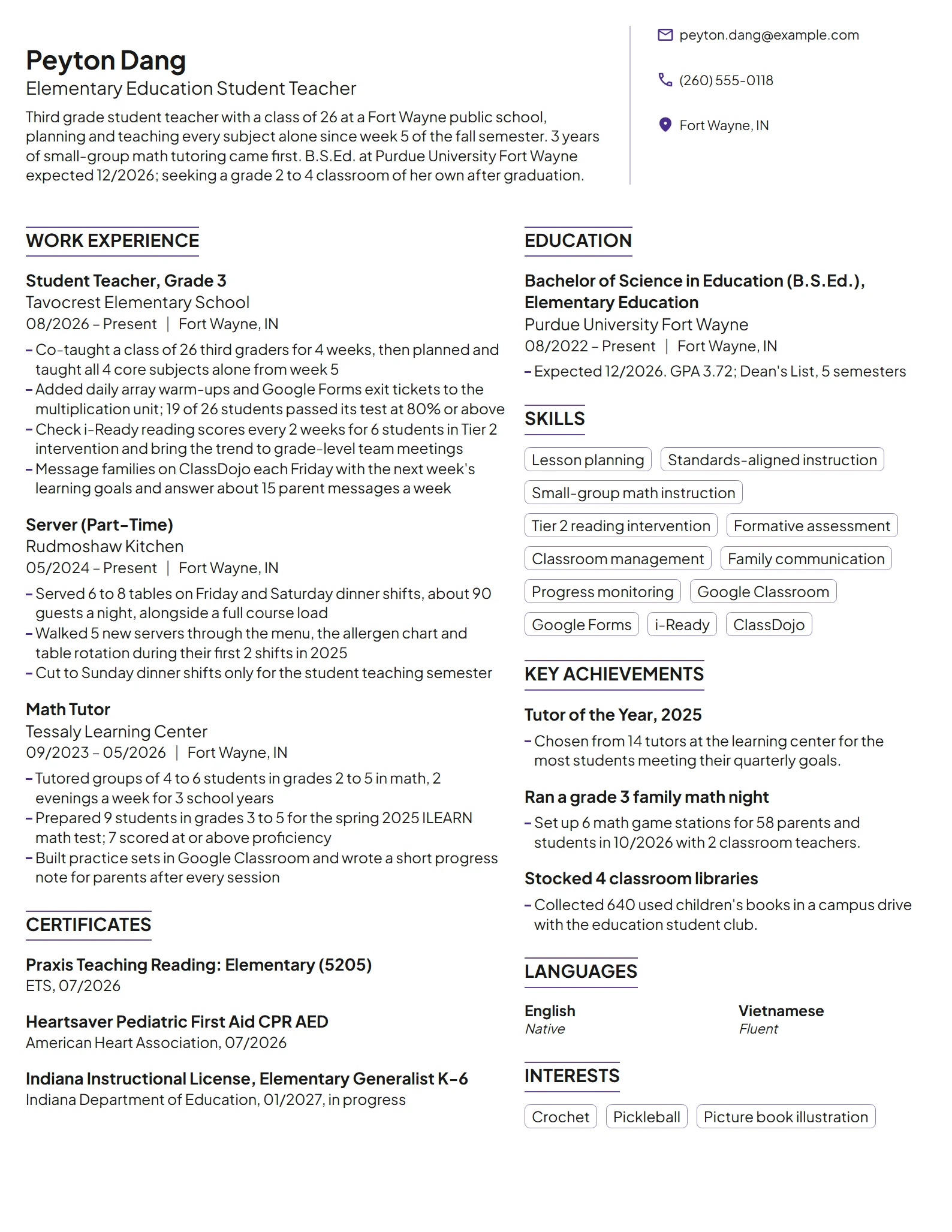 Student Teacher resume example