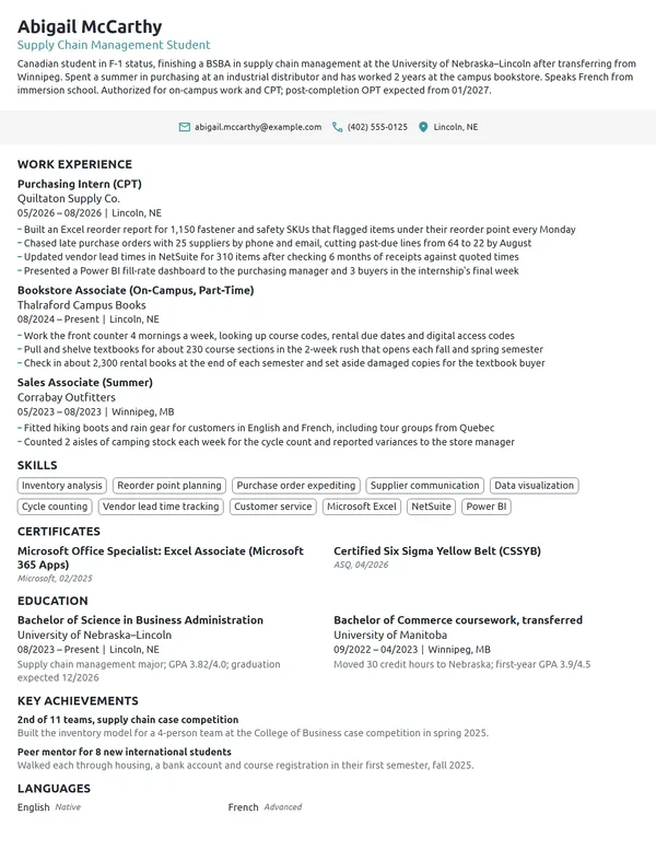 International Student resume example