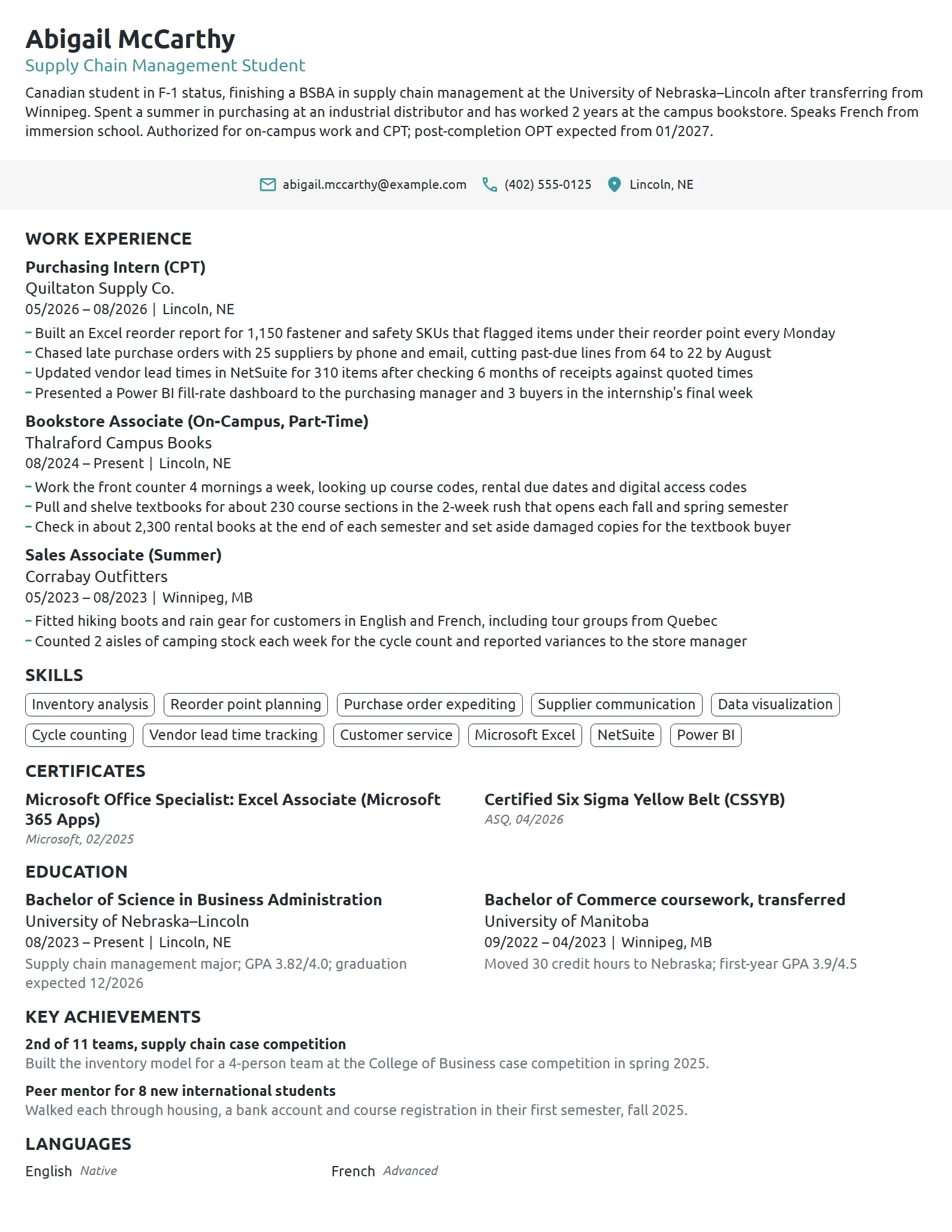 International Student resume example