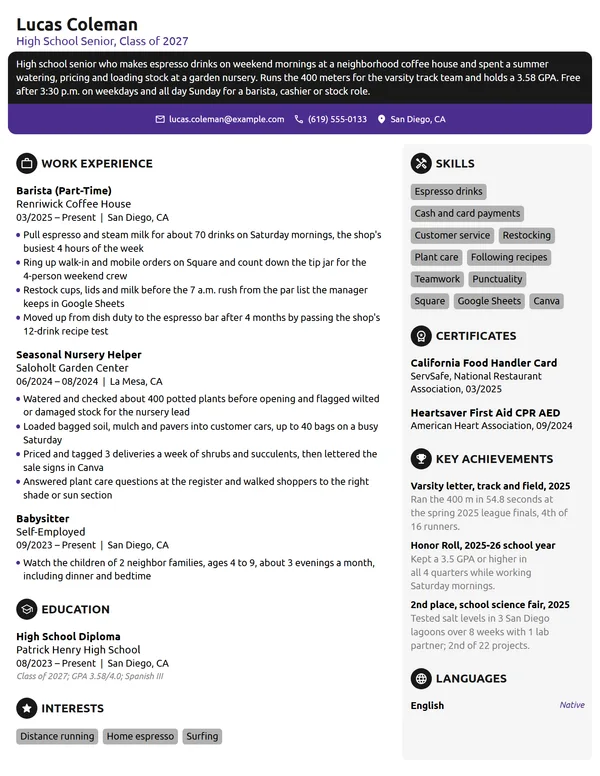 Student with No Experience resume example