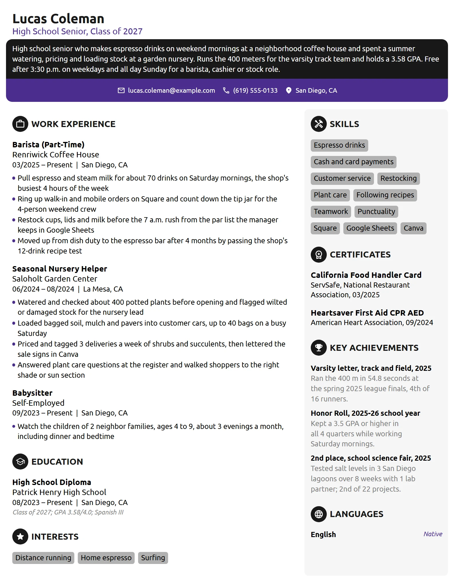 Student with No Experience resume example