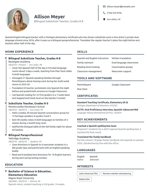 Bilingual Substitute Teacher resume example
