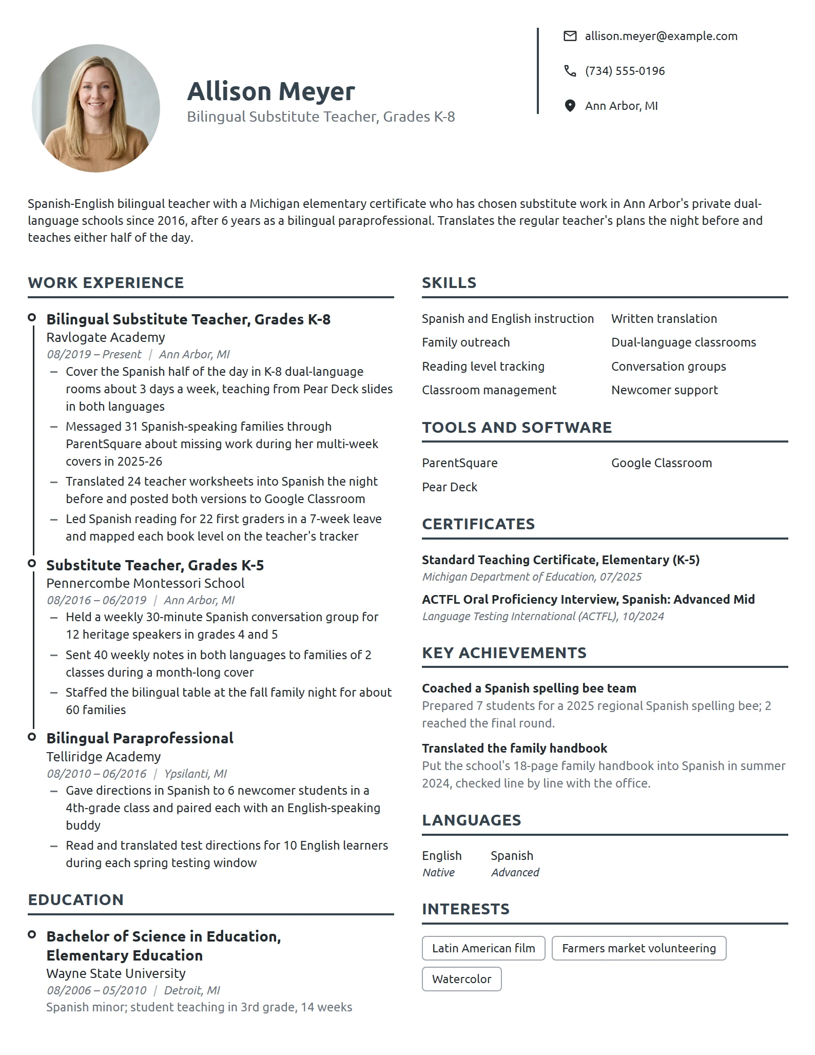 Bilingual Substitute Teacher resume example
