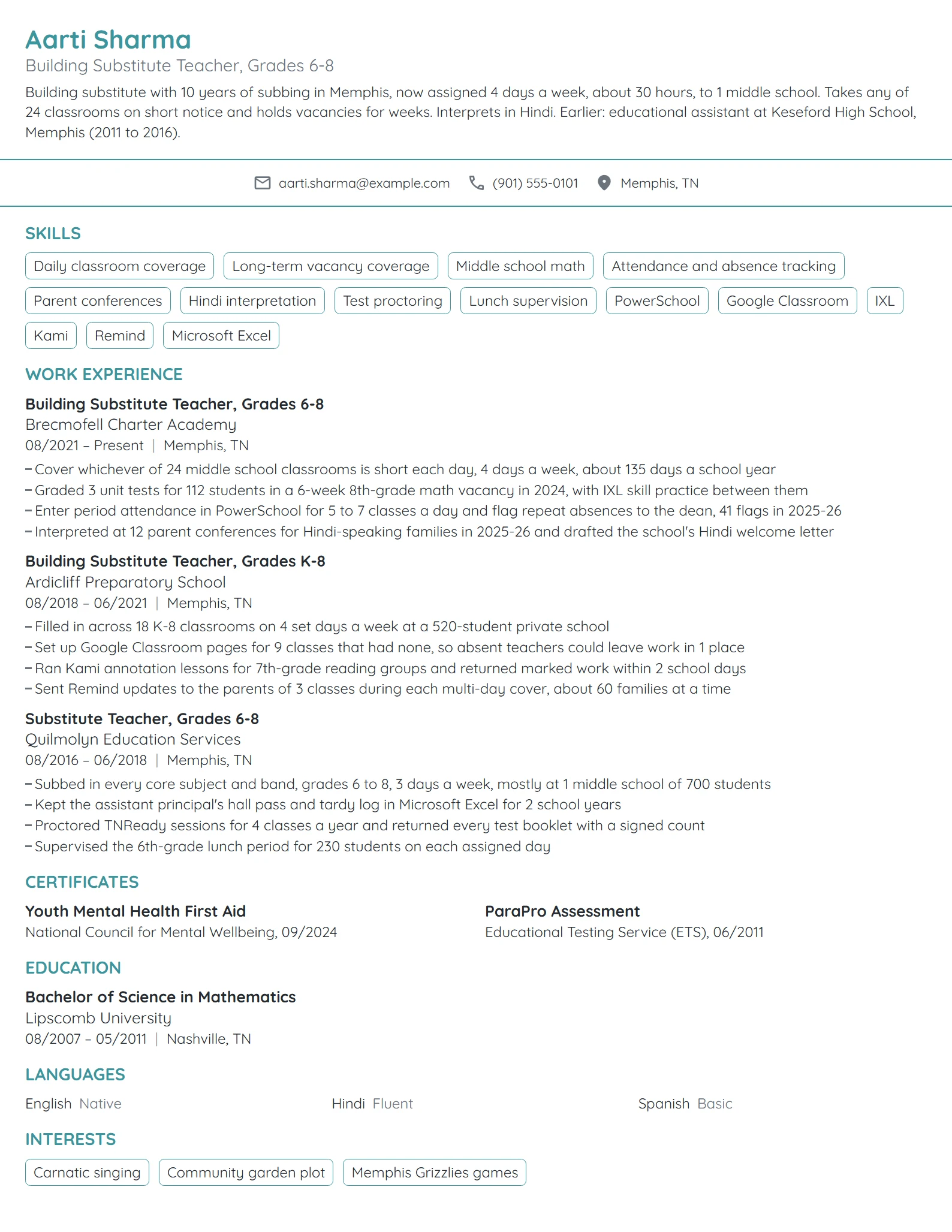 Building Substitute Teacher resume example